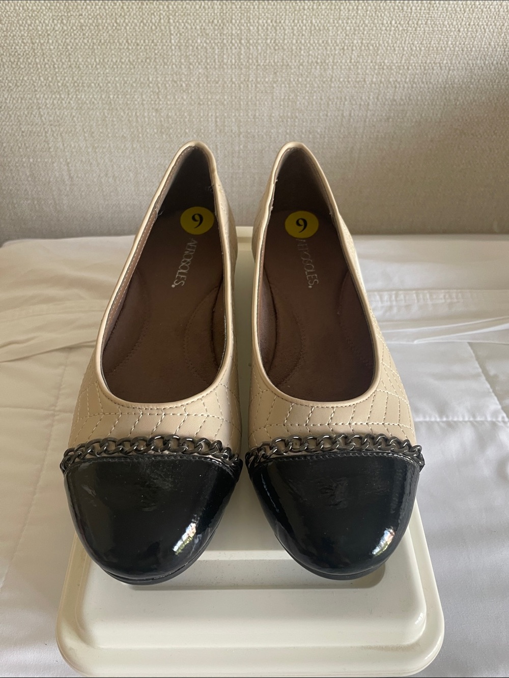 AEROSOLES Cream Quilted Flats with Black Patent Cap Toe